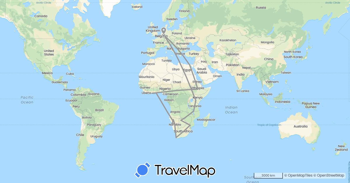 TravelMap itinerary: plane in Botswana, Côte d'Ivoire, Germany, Egypt, Ethiopia, Ghana, Kenya, Namibia, Tanzania, South Africa, Zimbabwe (Africa, Europe)